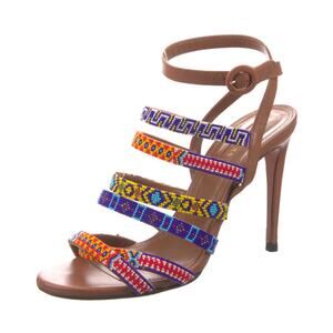 Aquazzura Masai Beaded Leather Strappy Sandals Tan Multicolor 7.5